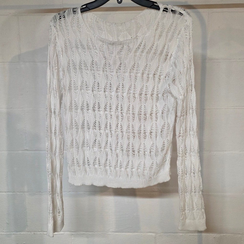 Crocheted White Open Knit Diamond Pointelle Long Sleeve Top XL Swim Coverup